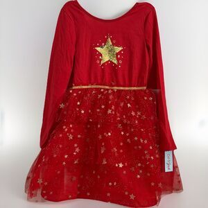 Cat & Jack Girls LS Red & Gold Tiered Tulle Star Dress Size L (10/12) Plus New!